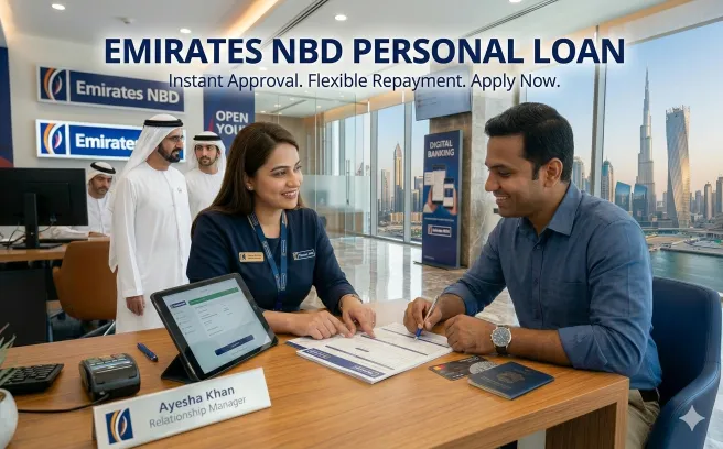Emirates NBD personal loan desk with staff assisting customer in Dubai branch