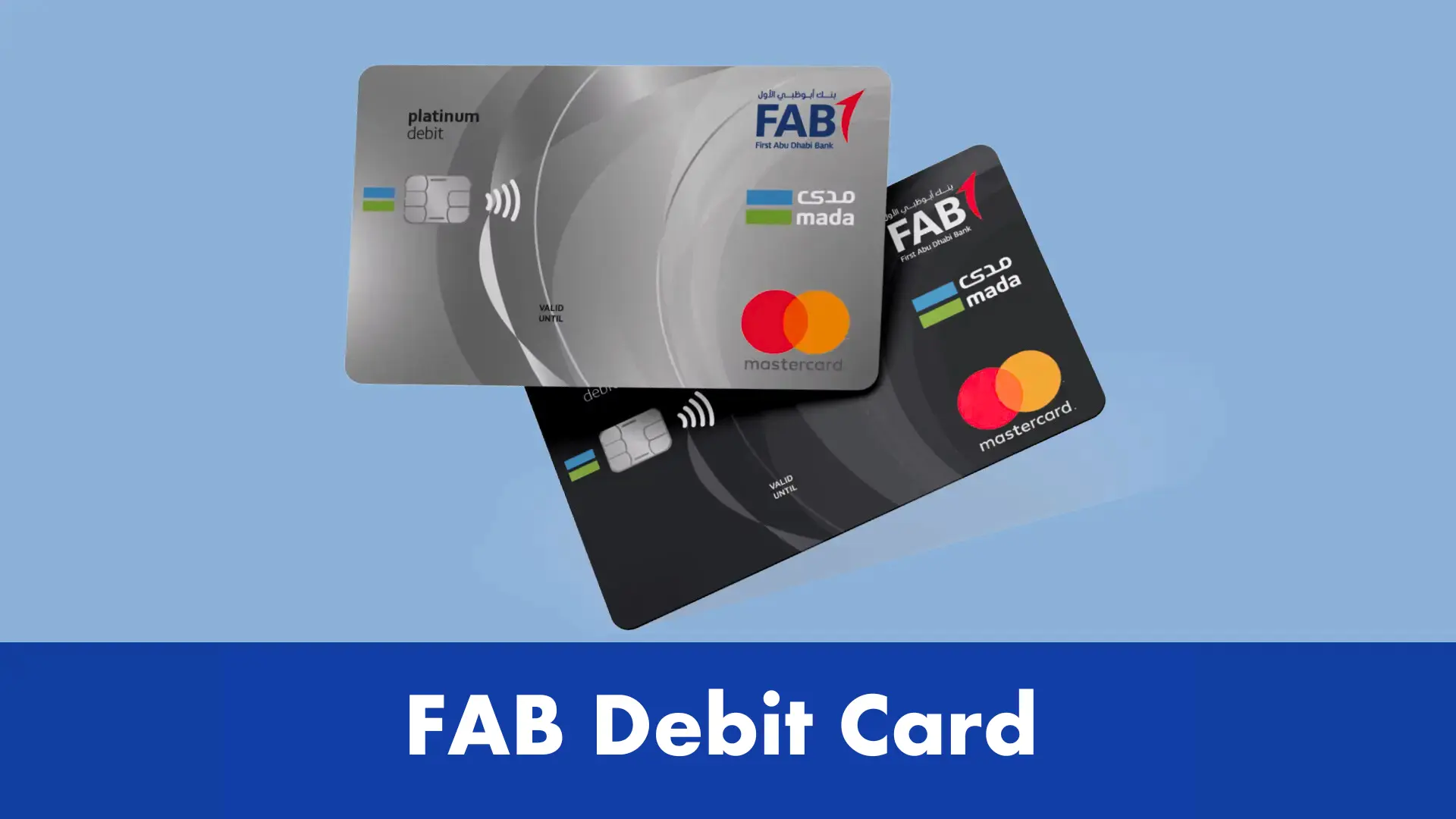 FAB debit cards from First Abu Dhabi Bank with Mastercard and mada logos on blue background