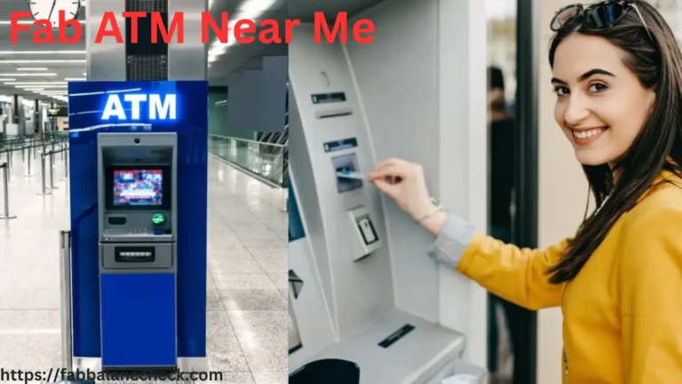 Woman using FAB bank ATM machine, showing FAB ATM Near Me service for easy cash access.