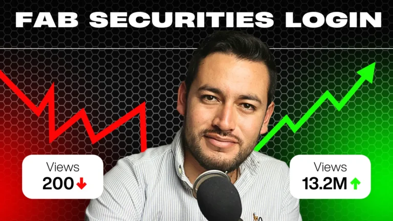 "FAB Securities login guide with market growth chart showing increase in views and trading success"